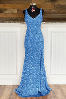Load image into Gallery viewer, Sheath Spaghetti Straps Sky Blue Sequins Prom Dress with Split Front