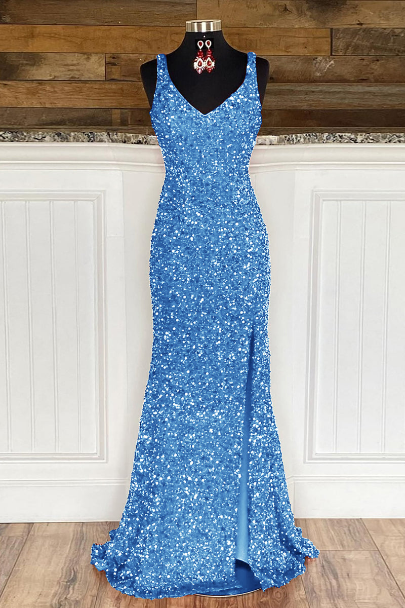 Load image into Gallery viewer, Sheath Spaghetti Straps Sky Blue Sequins Prom Dress with Split Front