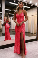 Load image into Gallery viewer, Sparkly Red Open Back Sequins Long Prom Dress with Slit
