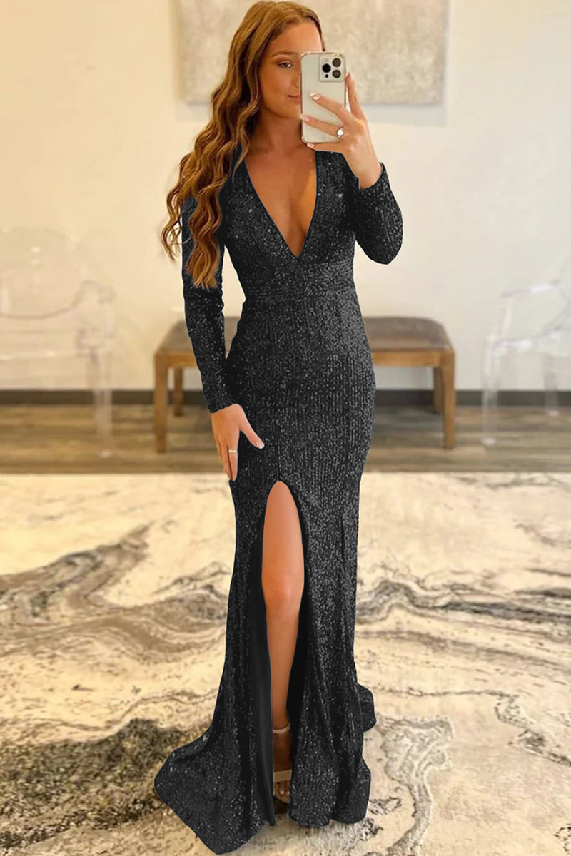 Load image into Gallery viewer, Mermaid Glitter Navy Sequins Mesh Evening Dress Backless Prom Dress