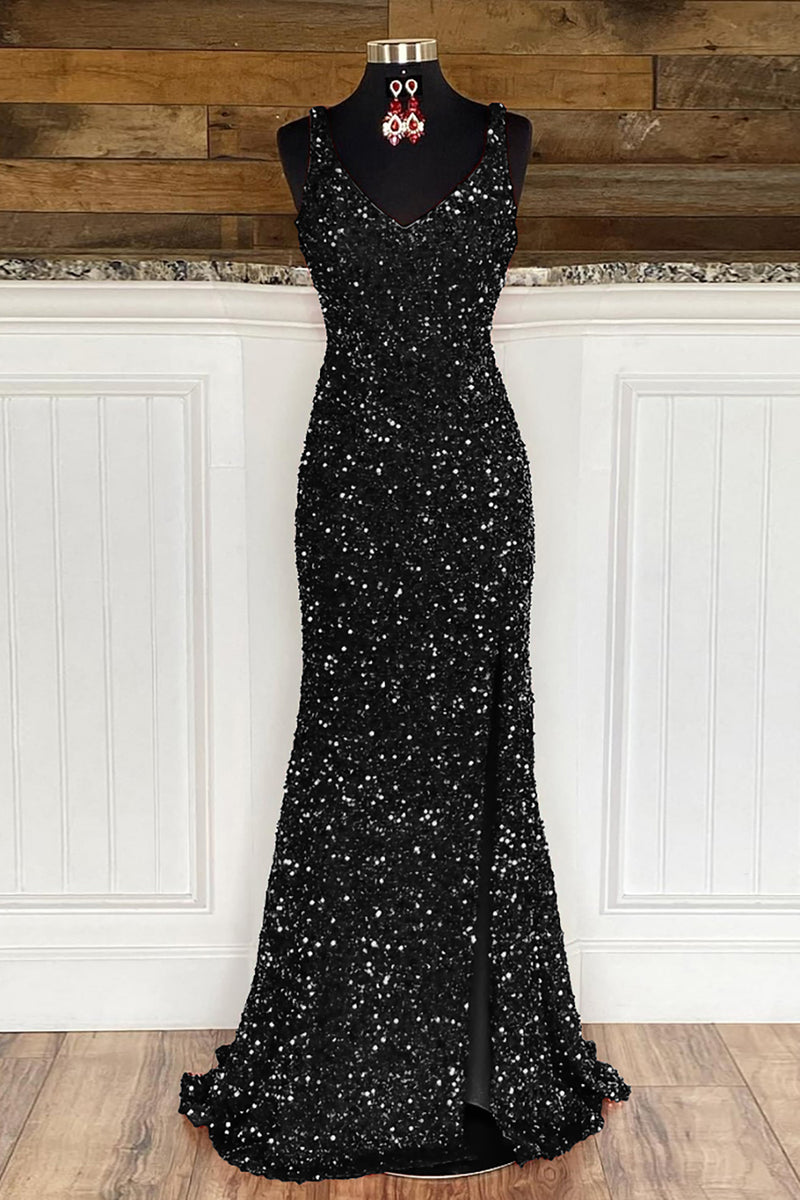 Load image into Gallery viewer, Sheath Spaghetti Straps Sky Blue Sequins Prom Dress with Split Front