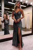 Load image into Gallery viewer, Sparkly Red Open Back Sequins Long Prom Dress with Slit