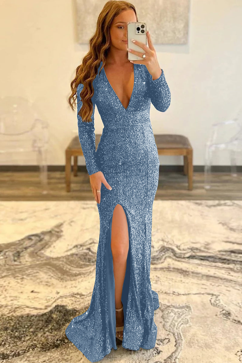 Load image into Gallery viewer, Mermaid Glitter Navy Sequins Mesh Evening Dress Backless Prom Dress