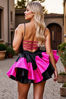 Load image into Gallery viewer, Black and Fuchsia Satin A Line Tiered Short Prom Dress with Ruffles