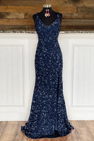 Load image into Gallery viewer, Sheath Spaghetti Straps Sky Blue Sequins Prom Dress with Split Front