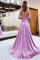 Load image into Gallery viewer, Dark Green Satin A-Line Appliques Prom Dress with Slit