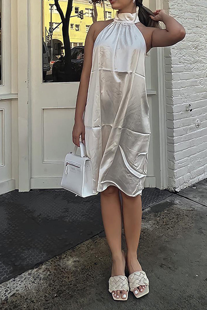 Load image into Gallery viewer, Simple White Halter Satin Midi Cocktail Dress