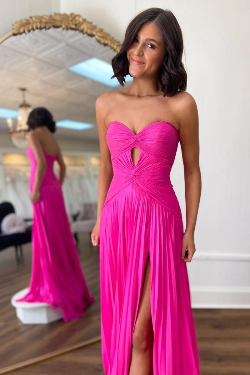 Load image into Gallery viewer, Fuchsia A Line Sweetheart Keyhole Long Pleated Prom Dress with Slit