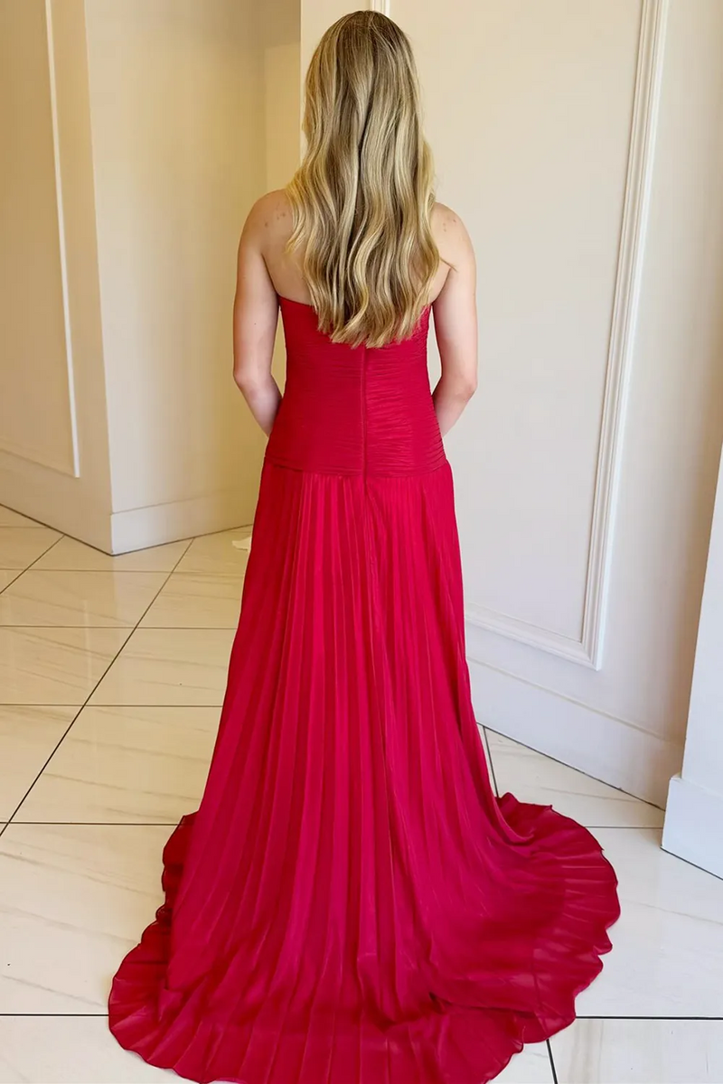 Load image into Gallery viewer, Fuchsia A Line Sweetheart Keyhole Long Pleated Prom Dress with Slit