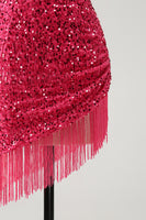 Load image into Gallery viewer, Glitter Fuchsia Sequins Halter Tight Short Prom Dress with Tassels