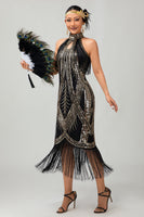 Load image into Gallery viewer, Sparkly Black Golden Sequins Halter Flapper Dress with Fringes