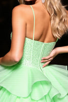 Load image into Gallery viewer, Sparkly Green Ruffled Tulle Corset Short Prom Dress with Beading