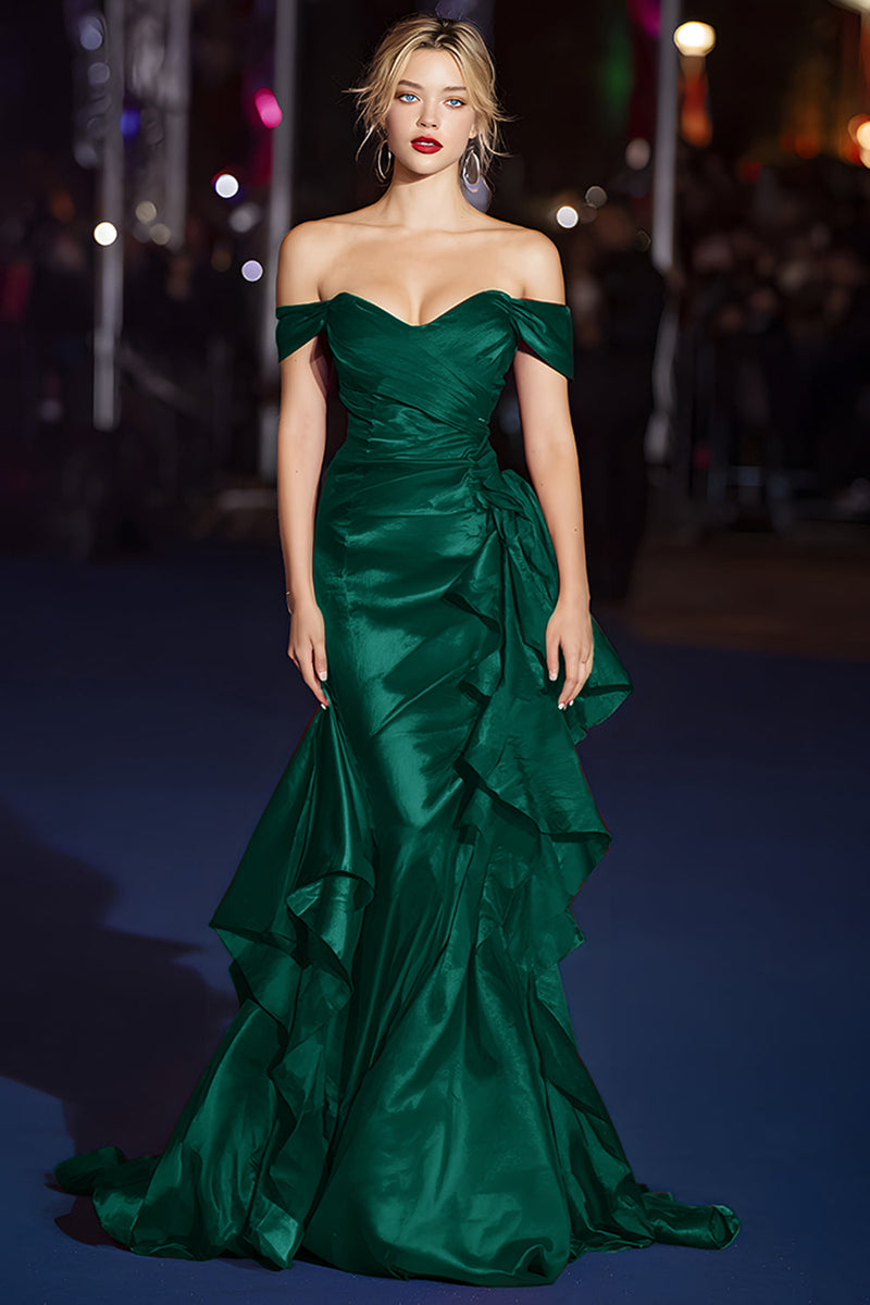 Load image into Gallery viewer, Dark Green Mermaid Off the Shoulder Long Gala Dress with Ruffles