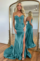 Load image into Gallery viewer, Fuchsia Mermaid Satin Sweetheart Corset Long Prom Dress with Slit