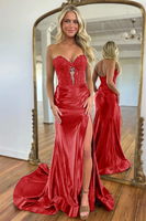 Load image into Gallery viewer, Fuchsia Mermaid Satin Sweetheart Corset Long Prom Dress with Slit