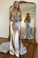 Load image into Gallery viewer, Silver Satin Corset Mermaid Sweetheart Long Prom Dress with Slit