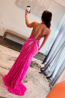 Load image into Gallery viewer, Glitter Fuchsia Halter Neck Beaded Mermaid Long Prom Dress with Slit