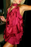 Load image into Gallery viewer, Burgundy One Shoulder Neck Scarf Bodycon Mini Birthday Dress with Ruffles