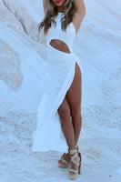 Load image into Gallery viewer, White Sheath Halter Cut Out Maxi Prom Dress with Slit