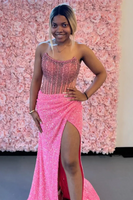 Load image into Gallery viewer, Women Sparkly Pink Sequins Corset Maxi Prom Dress with Slit Mermaid Strapless Long Evening Dress with Beading