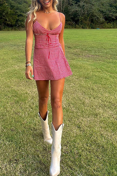 Red Spaghetti Straps Plaid A-Line Mini Birthday Dress with Bow