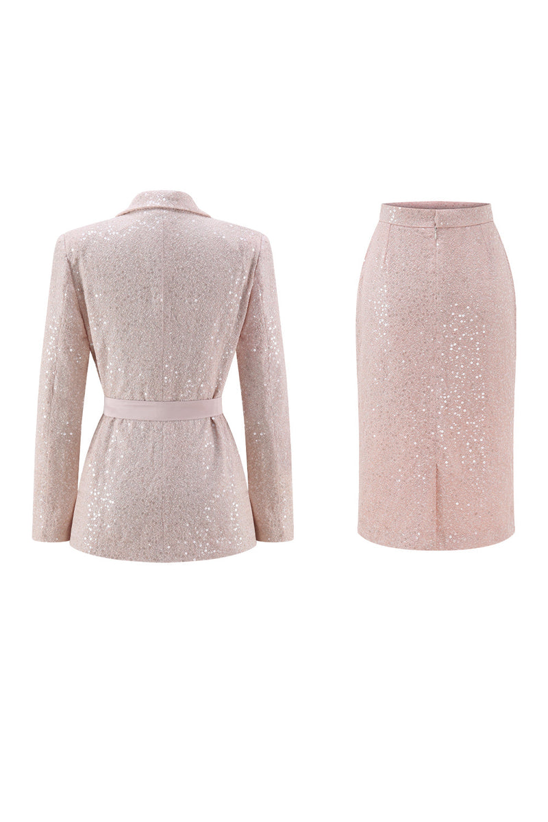 Load image into Gallery viewer, 2 Piece Sparkly Pink Sequin Pencil Midi Prom Suits with Sash