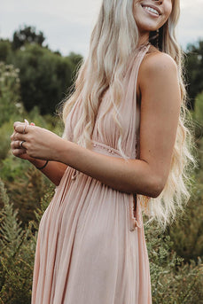 Light Pink Halter Sheath Maxi Wedding Guest Dress with Slit