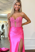 Load image into Gallery viewer, Silver Satin Corset Mermaid Sweetheart Long Prom Dress with Slit