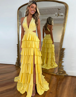 Load image into Gallery viewer, Sparkly Fuchsia Beaded A Line Tiered Long Prom Dress with Slit