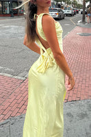 Load image into Gallery viewer, Yellow Satin A Line Thick Straps Maxi Formal Dress