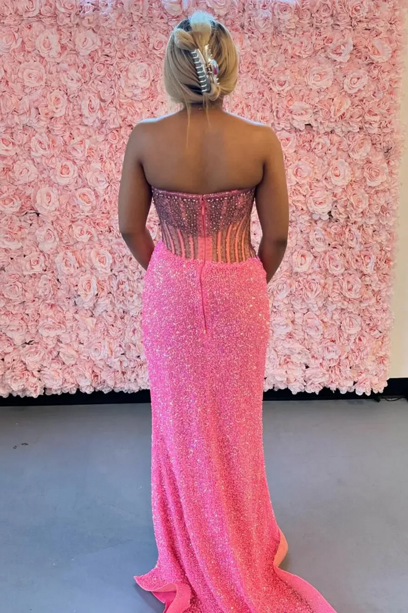 Load image into Gallery viewer, Sparkly Strapless Gold Mermaid Maxi Prom Dress with Slit
