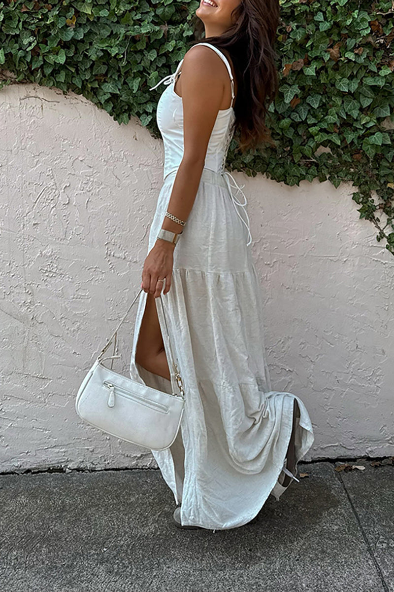 Load image into Gallery viewer, White A Line Cut Out Maxi Corset Formal Dress with Slit