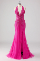 Load image into Gallery viewer, Glitter Fuchsia Halter Neck Beaded Mermaid Long Prom Dress with Slit