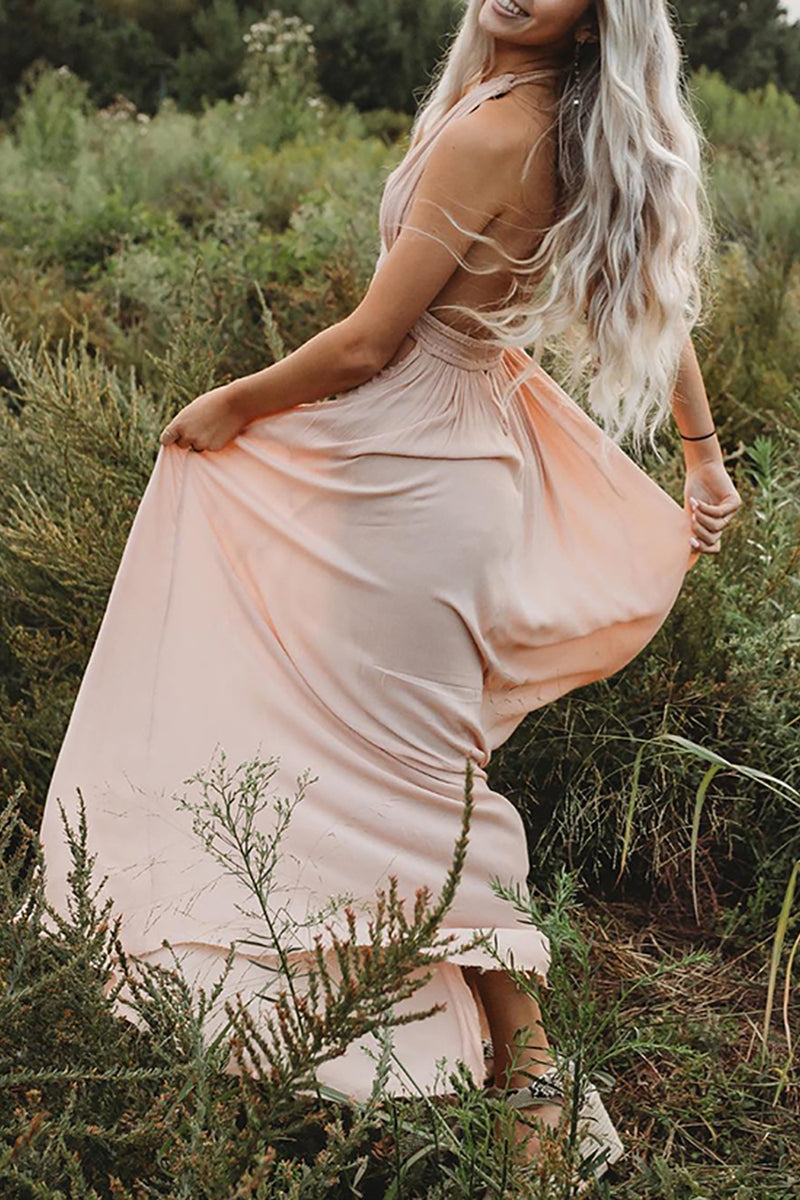 open lace back dress Queendancer Women Light Pink Sheath Long Wedding Guest Dress with Slit  Halter V Neck Formal Dress – queendanceruk