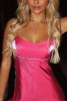 Load image into Gallery viewer, Sparkly Fuchsia Spaghetti Straps Beaded A-Line Backless Mini Birthday Dress