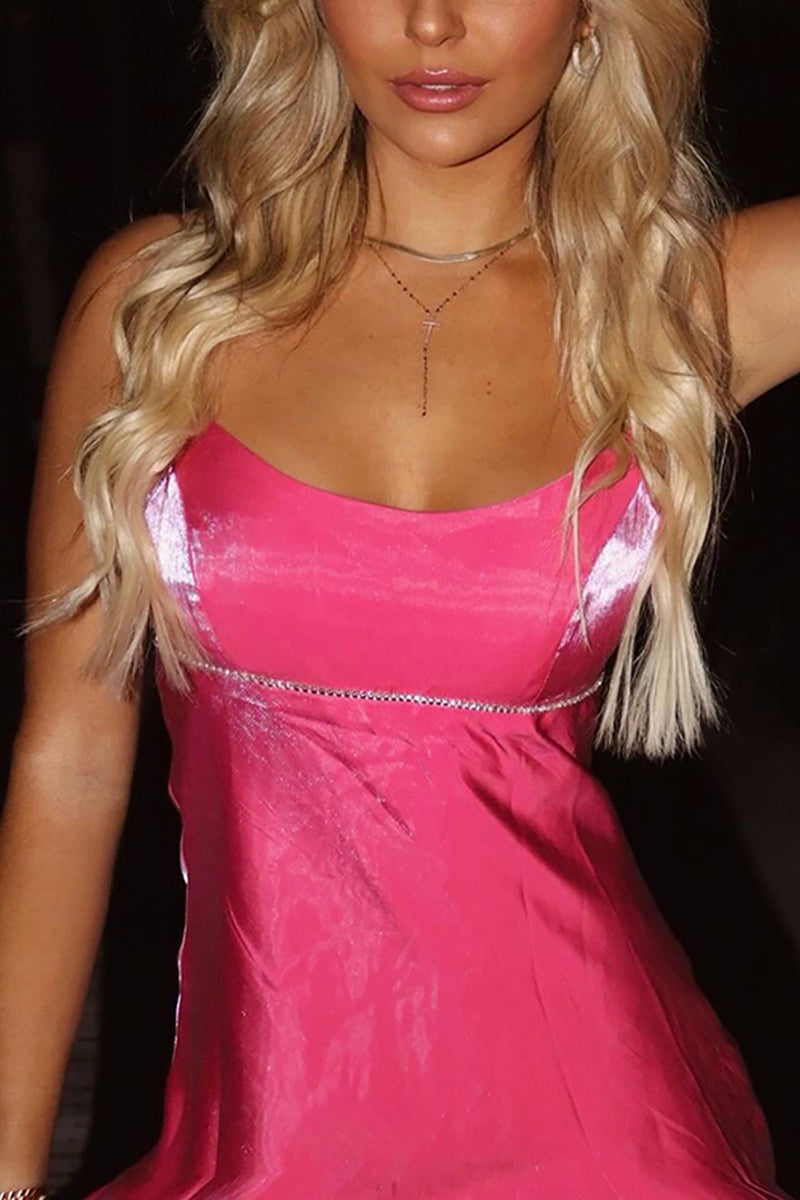 Load image into Gallery viewer, Sparkly Fuchsia Spaghetti Straps Beaded A-Line Backless Mini Birthday Dress