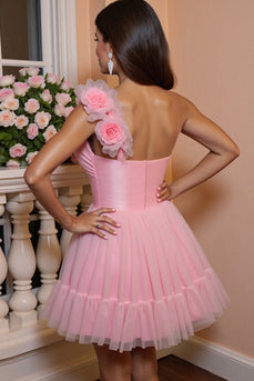Floral Pink A Line One Shoulder Short Tulle Prom Dress