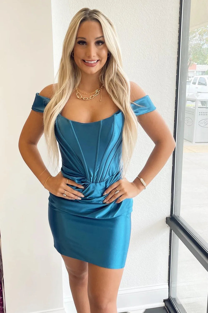 blue dress for baby girl Queendancer Women Simple Turquoise Bodycon Short Prom Dress  Off-the-Shoulder Satin Short Party Dress – queendanceruk