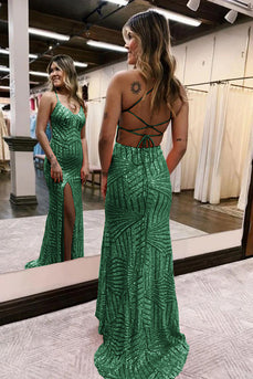 Sparkly Dark Green Open Back Sequins Long Prom Dress with Slit