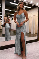 Load image into Gallery viewer, Sparkly Dark Green Open Back Sequins Long Prom Dress with Slit