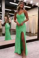 Load image into Gallery viewer, Sparkly Dark Green Open Back Sequins Long Prom Dress with Slit