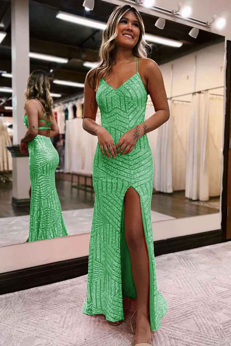 Load image into Gallery viewer, Sparkly Dark Green Open Back Sequins Long Prom Dress with Slit