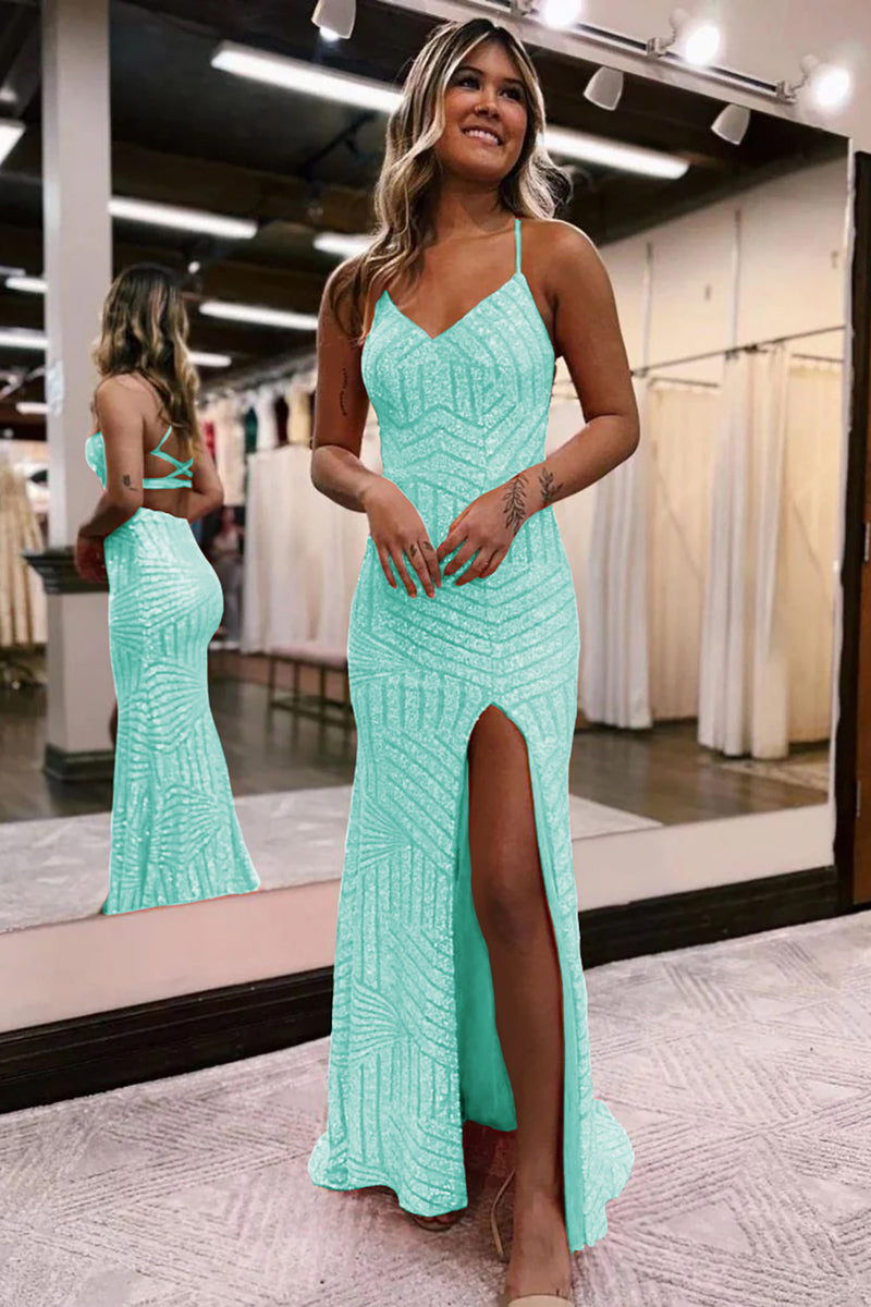 Load image into Gallery viewer, Sparkly Dark Green Open Back Sequins Long Prom Dress with Slit