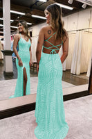 Load image into Gallery viewer, Sparkly Dark Green Open Back Sequins Long Prom Dress with Slit
