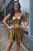 Load image into Gallery viewer, Golden Satin Keyhole Spaghetti Straps A-Line Party Dress
