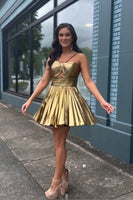 Load image into Gallery viewer, Golden Satin Keyhole Spaghetti Straps A-Line Party Dress