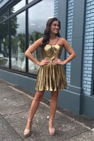 Load image into Gallery viewer, Golden Satin Keyhole Spaghetti Straps A-Line Party Dress