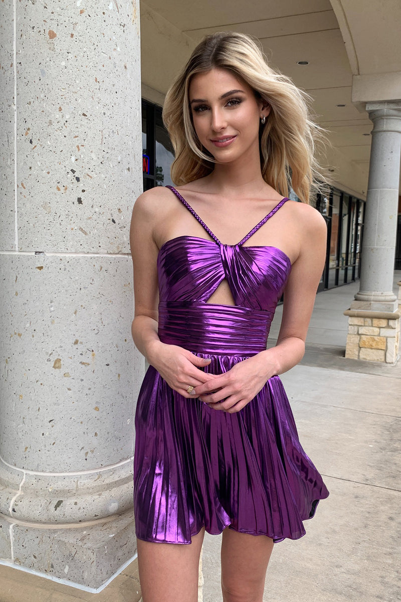 Queendancer Women Dark Purple A-Line Short Prom Dress Spaghetti Straps Satin  Party Dress – queendanceruk