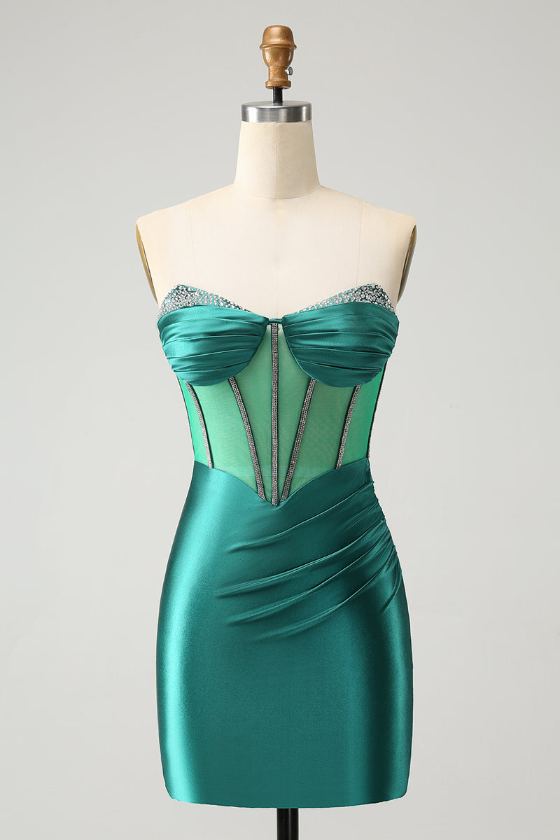 Load image into Gallery viewer, Glitter Dark Green Beaded Corset Satin Short Prom Dress