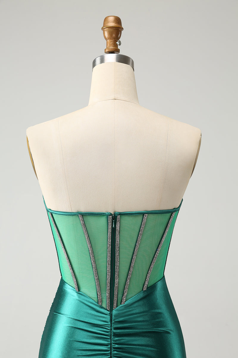 Load image into Gallery viewer, Glitter Dark Green Beaded Corset Satin Short Prom Dress
